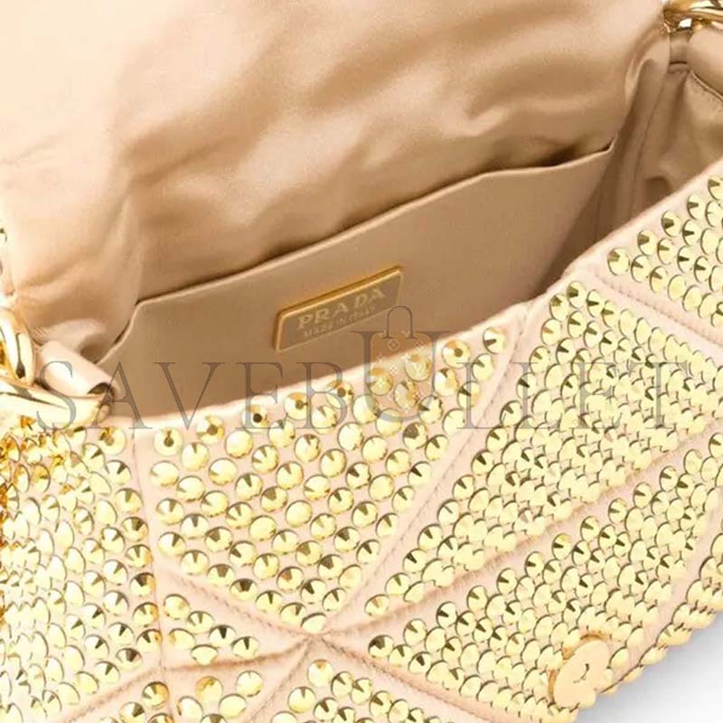PRADA MINI CRYSTAL EMBELLISHED TRIANGLE LOGO SHOULDER BAG IN GOLD 1BD329 (17*11.5*6cm)